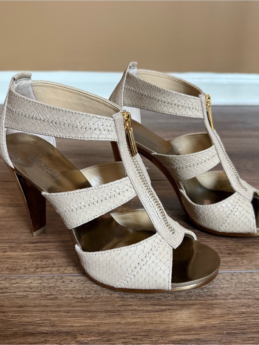 Michael Kors Berkley Strappy Snakeskin T-Strap High Heel Sandals - Picture 3 of 13